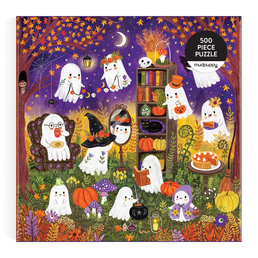 The Ghostly Gathering 500 Piece Family Puzzle by Jenny Miriam features charming ghosts celebrating Halloween in an autumn forest with pumpkins, books, lanterns, and fall leaves—a perfect cozy activity for the whole family.
