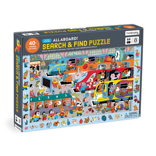 The All Aboard! Train Station 64 Piece Search & Find Puzzle by Maria Neradova features colorful animals on buses and trains, has over 40 things to find, builds observation skills, and is made from recycled paper.