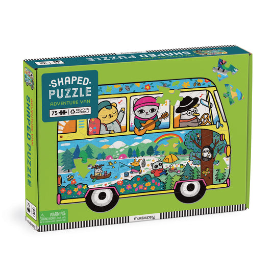 The Adventure Van 75 Piece Shaped Scene Puzzle by Belinda Chen features illustrated animals in a vibrant van with nature scenes. This colorful puzzle is perfect for young explorers.