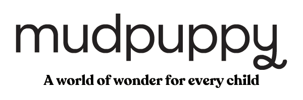 The image shows the logo mudpuppy in lowercase black letters, with the tagline A world of wonder for every child written below in a serif font. The background is a light beige color.