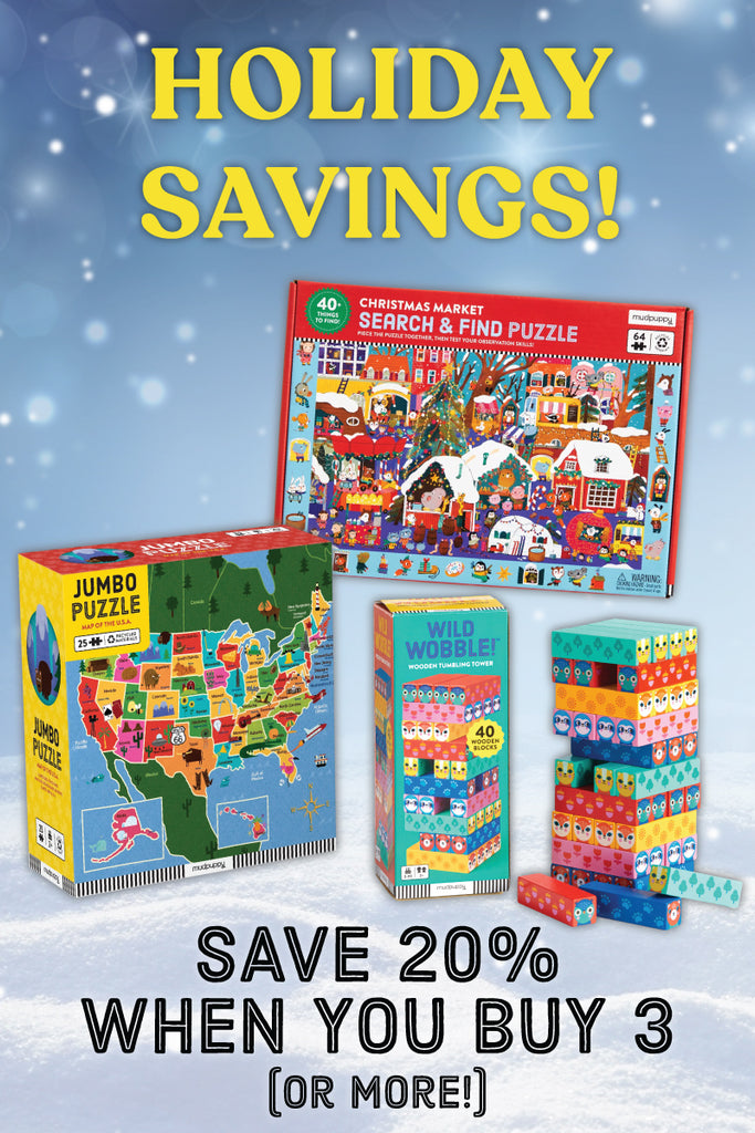 Three colorful childrens puzzles displayed on a snowy background with festive lights. Large yellow text reads HOLIDAY SAVINGS! and below, black text says SAVE 20% WHEN YOU BUY 3 (OR MORE!).