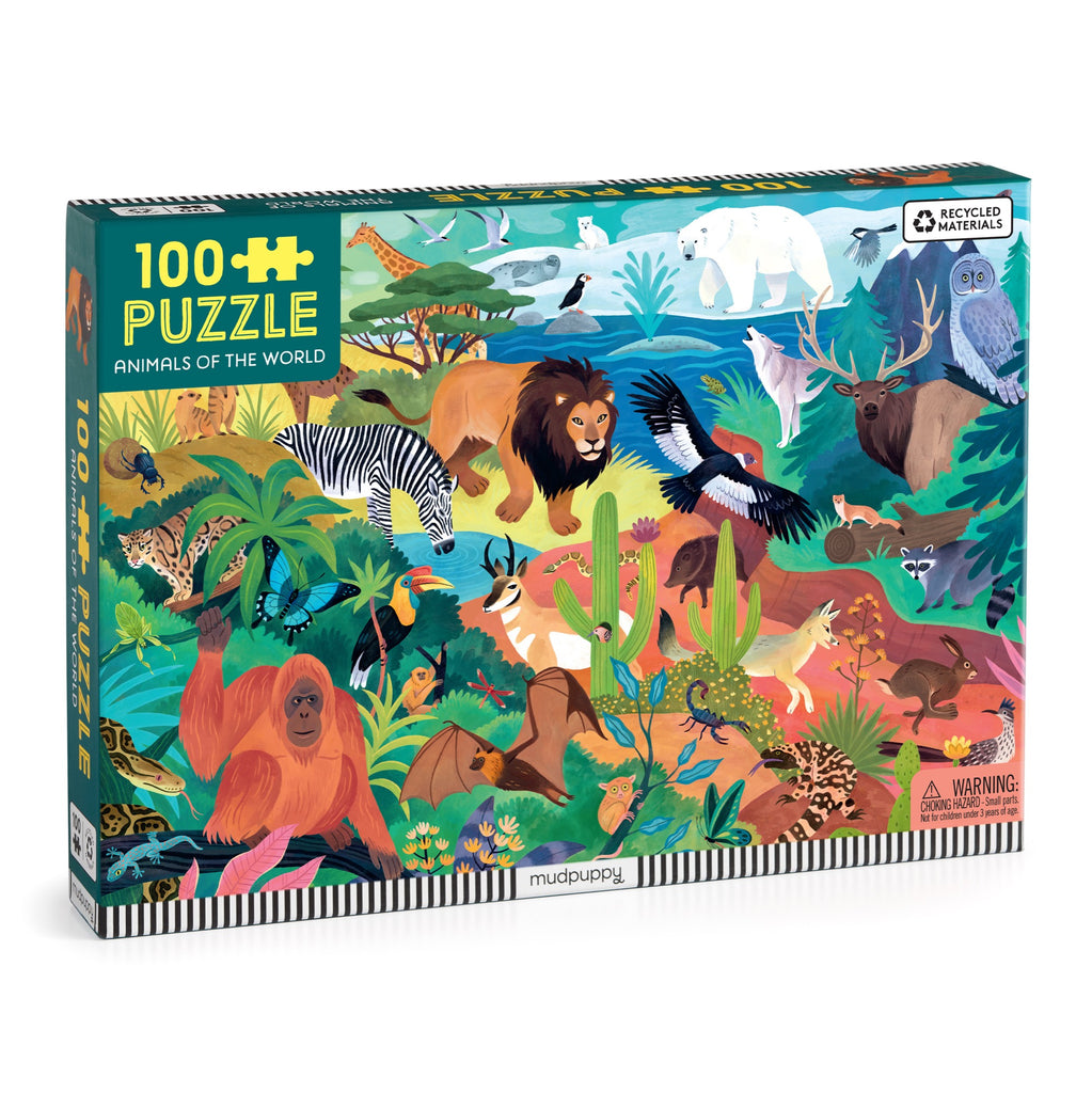 Kaley McKean’s Animals of the World 100 Piece Puzzle features illustrated animals—lion, zebra, polar bear, owl, and orangutan—in vibrant jungle and arctic scenes on a colorful box.