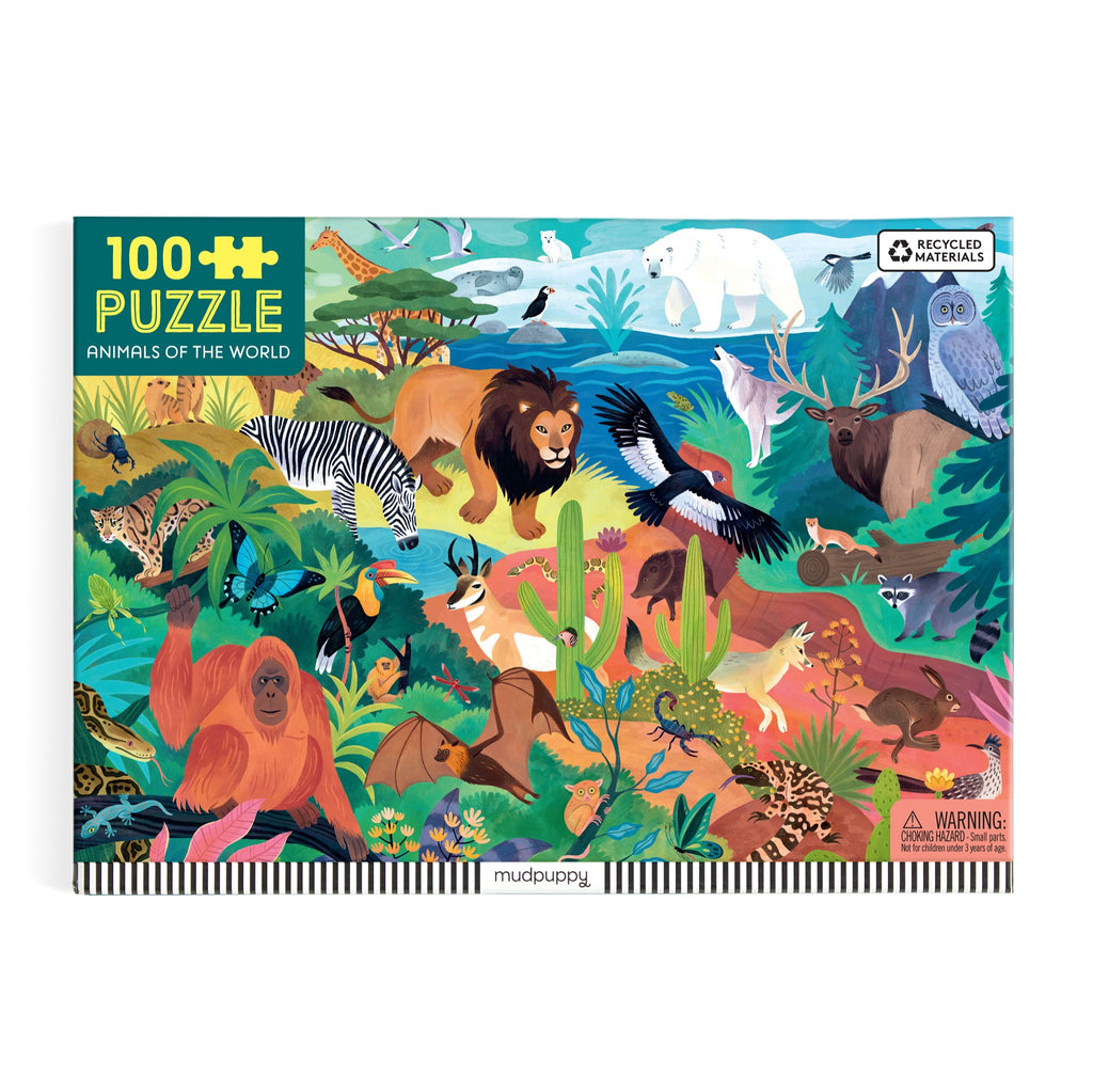 The Kaley McKean Animals of the World 100 Piece Puzzle showcases illustrated animals like lions, zebras, and parrots in a vibrant natural landscape.