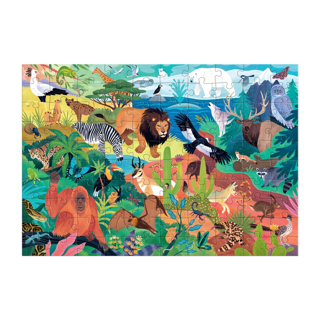 Discover Animals of the World with this vibrant 100 Piece Puzzle by Kaley McKean, featuring a lion, zebra, polar bear, orangutan, owls, and more in colorful jungle and arctic settings.