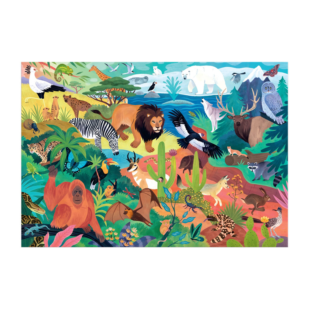 The Animals of the World 100 Piece Puzzle by Kaley McKean features a vibrant scene with a lion, polar bear, zebra, elk, orangutan, and various birds amid lush plants and trees.