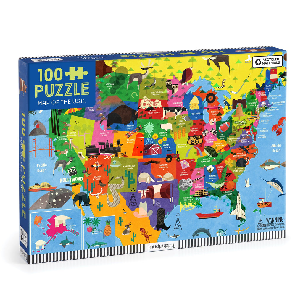 Paul Davizs Map of the U.S.A. 100 Piece Puzzle is a colorful, illustrated geography puzzle featuring state icons, landmarks, and animals. The box highlights this fun educational set is made from recycled materials.
