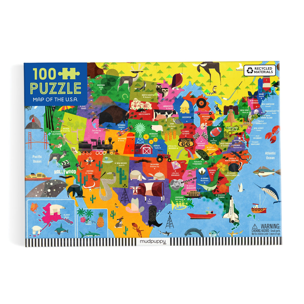Explore the Map of the U.S.A. 100 Piece Puzzle by Paul Daviz—an illustrated, educational puzzle featuring state icons like animals and landmarks. Made with recycled materials for eco-friendly fun!.