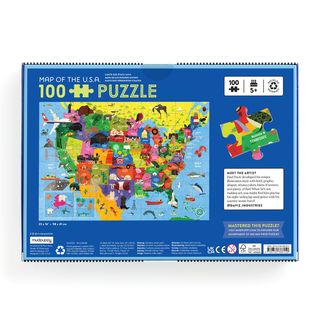 The back of the Paul Daviz Map of the U.S.A. 100 Piece Puzzle box shows a vibrant map with state landmarks, animals, and icons. Includes age 5+ details, artist bio, and tips for this fun educational puzzling adventure.