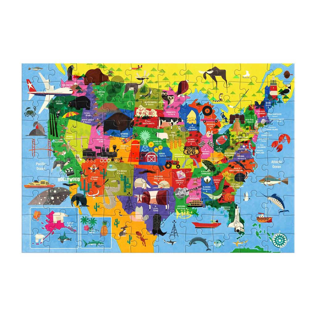 Paul Daviz’s Map of the U.S.A. 100 Piece Puzzle features vibrant illustrations of state landmarks, animals, and symbols, plus ocean creatures—a fun and educational geography adventure for kids.