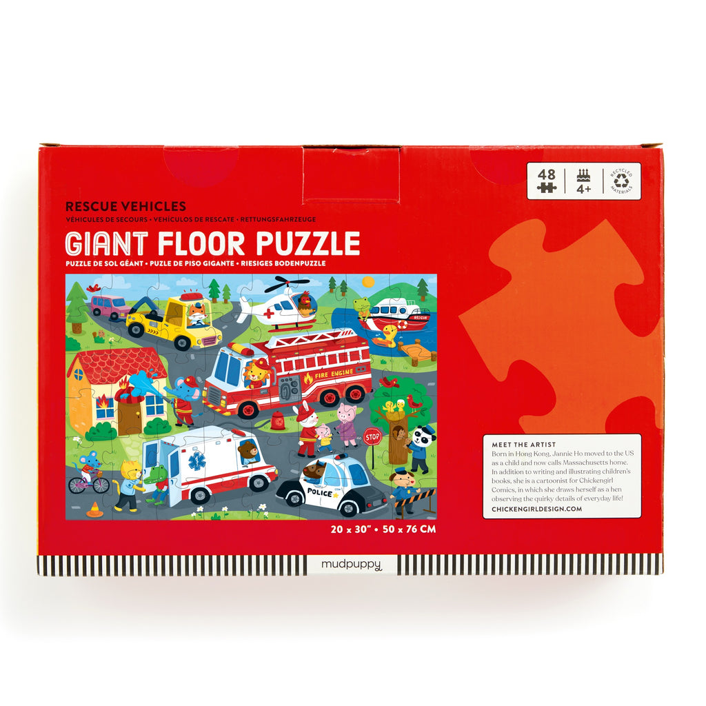 The Jannie Ho Rescue Vehicles 48 Piece Giant Floor Puzzle comes in a red box and features colorful illustrations of police cars, fire trucks, and ambulances. Measures 20 x 30 inches and is perfect for kids ages 4+.
