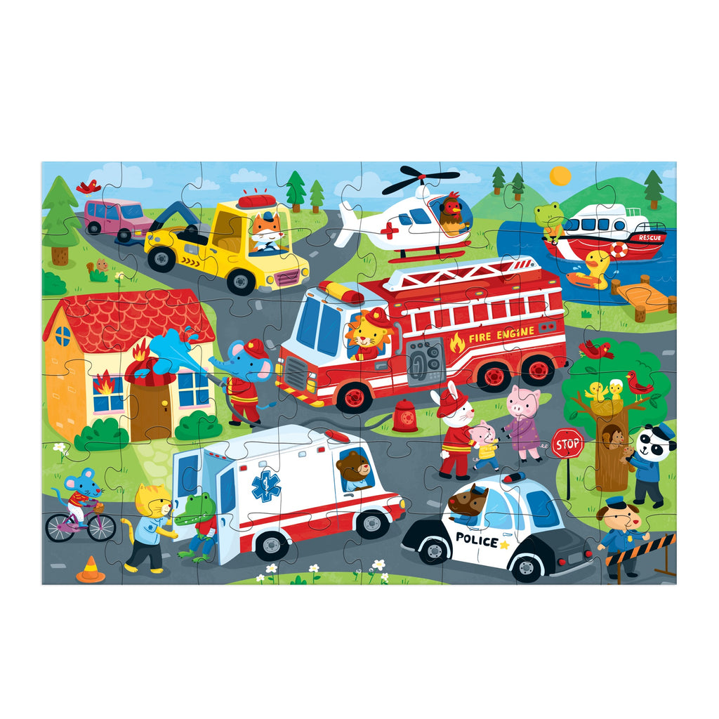 The Jannie Ho Rescue Vehicles 48 Piece Giant Floor Puzzle features colorful cartoon animals as emergency responders in a lively town with a fire truck, ambulance, and police car.