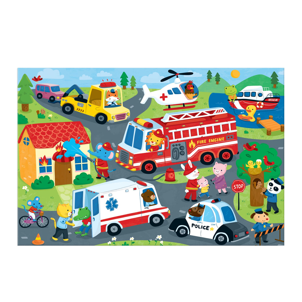 In Jannie Ho’s “Rescue Vehicles 48 Piece Giant Floor Puzzle,” cartoon animals dressed as emergency responders join vehicles like a fire truck, ambulance, and police car. The scene includes trees, houses, and a river with a boat.