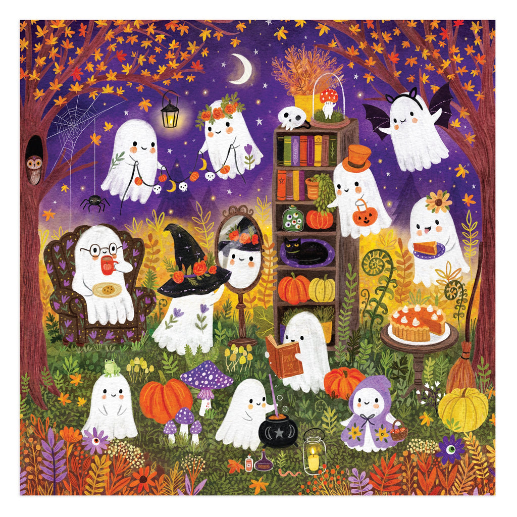 Enjoy a cozy Halloween with Jenny Miriam Hughes’ Ghostly Gathering 500 Piece Family Puzzle, featuring cute ghosts having tea and treats in a colorful autumn forest—perfect fall fun for all ages!.