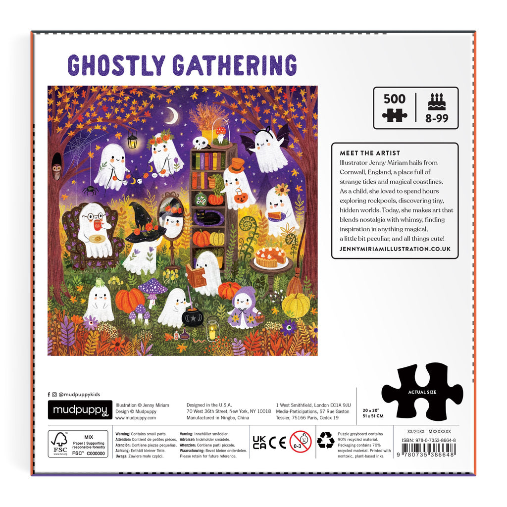 Illustration of whimsical ghosts in an autumn forest with pumpkins, animals, lanterns, and fall leaves. The Ghostly Gathering 500 Piece Family Puzzle by Jenny Miriam Hughes is for ages 8–99 and the image appears on the back of the box.