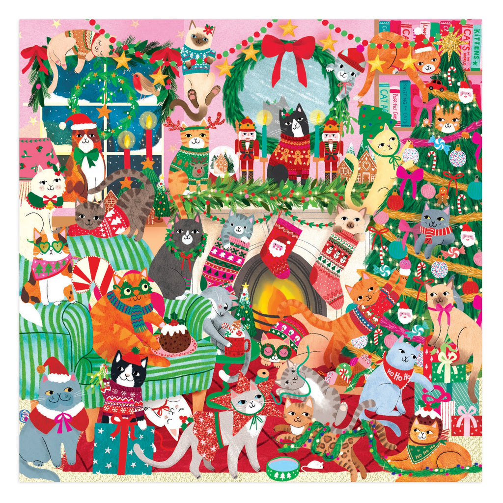 Celebrate the holidays with Rebecca Jones Merry Catmas! 500 Piece Family Puzzle, featuring over 25 cats in Christmas outfits, presents, a decorated tree, a “Merry Catmas” wreath, and a snowy window for festive family fun.