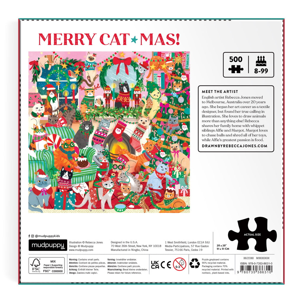 Colorful illustration of cats celebrating Christmas with gifts and decorations. The Merry Catmas! 500 Piece Family Puzzle by Rebecca Jones is suitable for ages 8-99, and features artist info on the right.