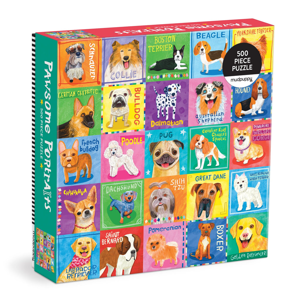 The Allison Strine Pawsome Portraits 500 Piece Family Puzzle features illustrated, labeled dog breeds like beagle, poodle, dachshund, and golden retriever—perfect for pet lovers!.