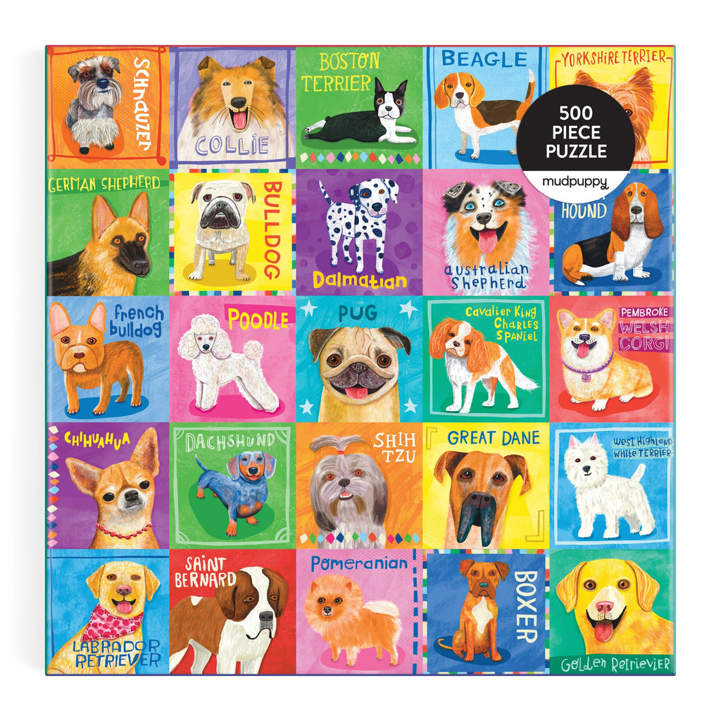 The Pawsome Portraits 500 Piece Family Puzzle by Allison Strine features illustrated dog breeds in a bright grid, each labeled by breed—perfect for pet lovers and families to enjoy together.