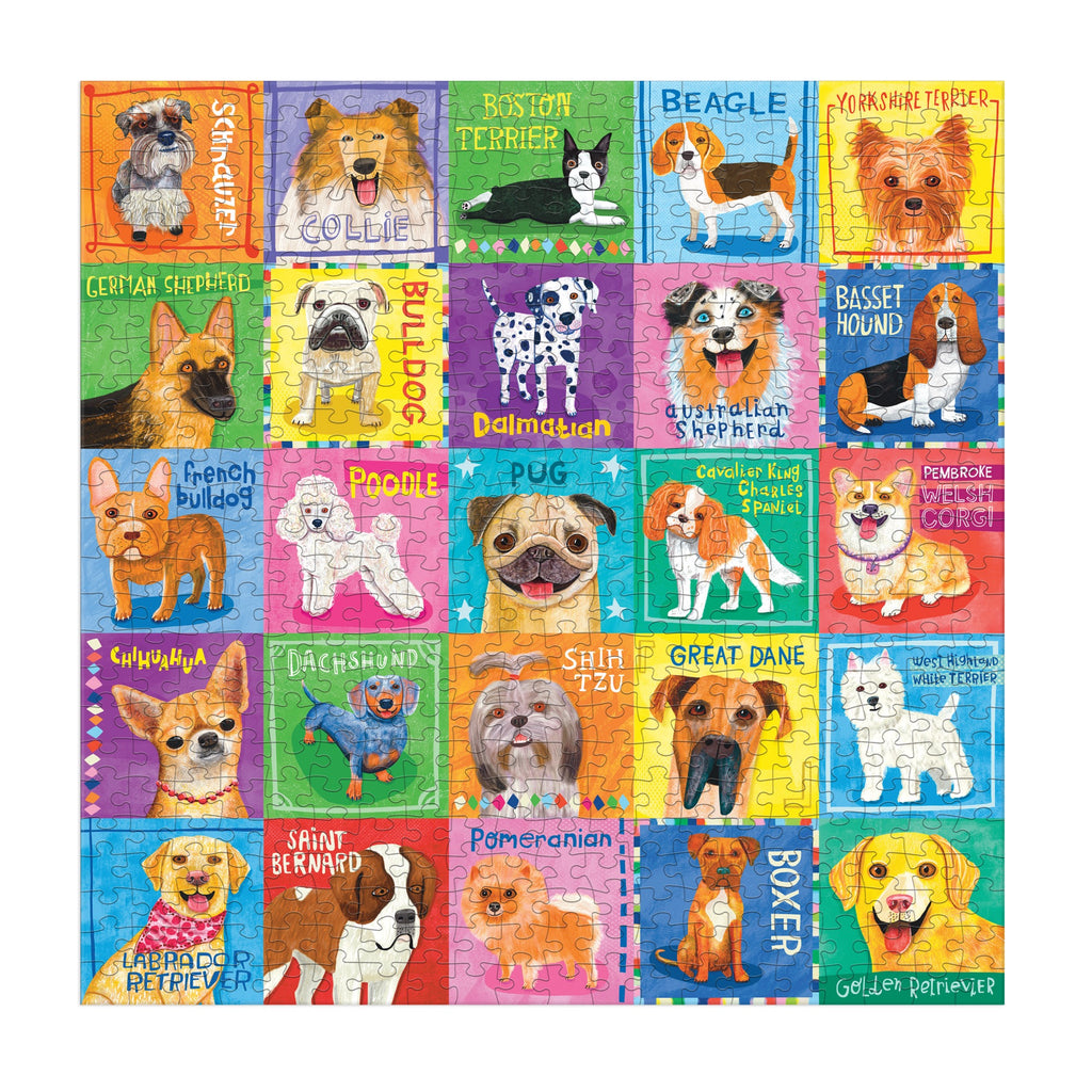 The Pawsome Portraits 500 Piece Family Puzzle by Allison Strine features illustrated portraits of 24 dog breeds on colorful backgrounds, each labeled with the breed’s name—perfect for pet lovers and puzzle fans alike.