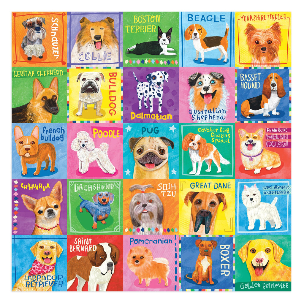 Enjoy Allison Strine’s Pawsome Portraits 500 Piece Family Puzzle, featuring a vibrant grid of 24 labeled cartoon dog breeds—including Beagle, Pug, Boxer, and Golden Retriever—perfect for pet lovers of all ages.