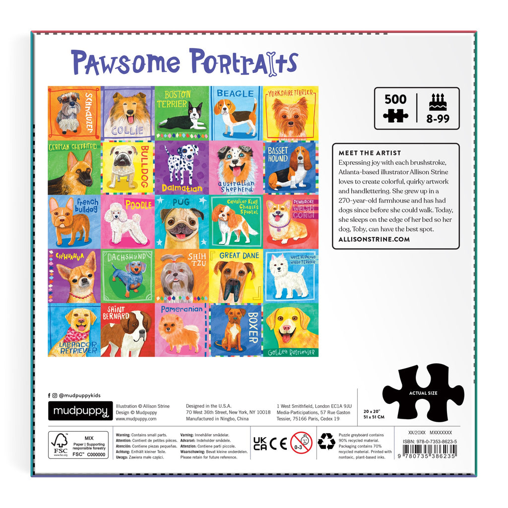 Back of the Allison Strine Pawsome Portraits 500 Piece Family Puzzle box, featuring vibrant dog breed portraits. Ideal for pet lovers, it shows puzzle details, artist info, and is recommended for ages 8-99.