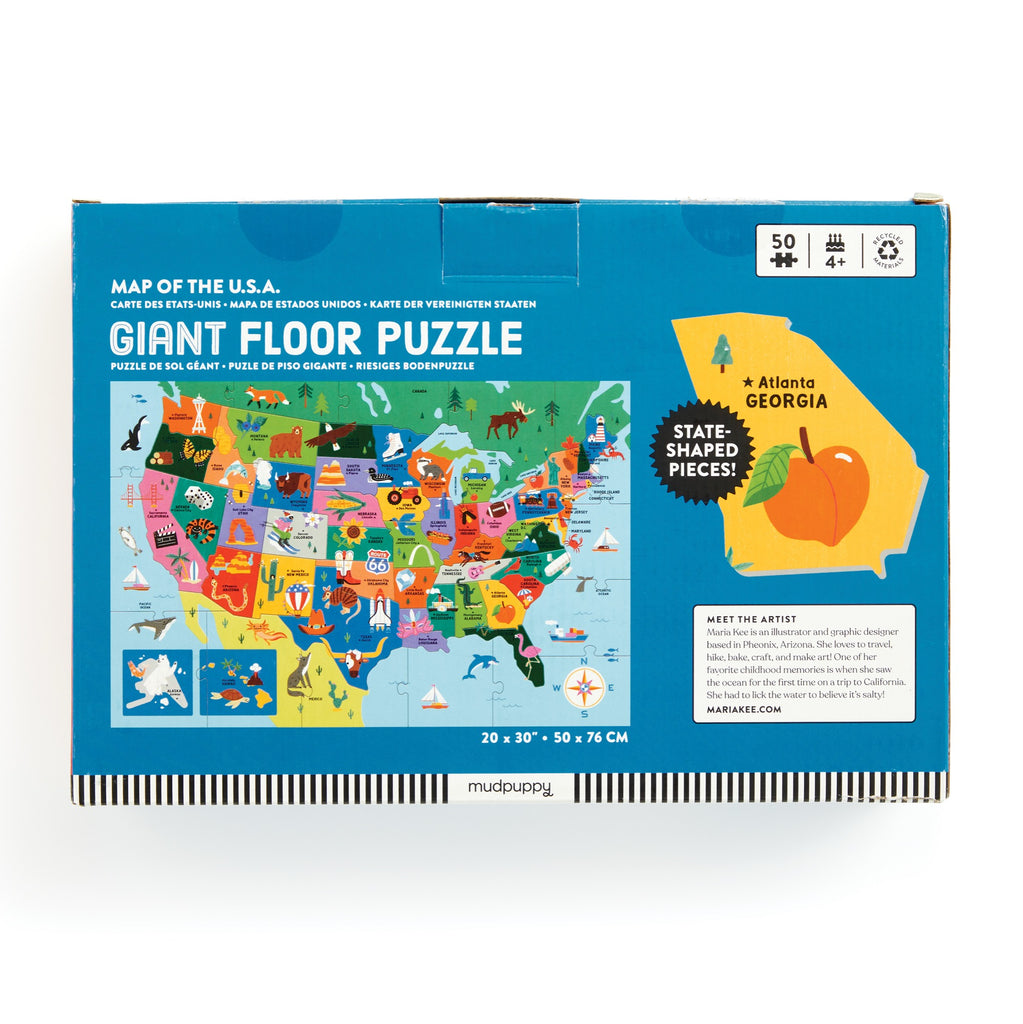 The Map of the U.S.A. 50 Piece Giant Floor Puzzle by Maria Mordvintseva-Keeler features a colorful illustrated U.S.A. map, highlights Georgia with a peach, and helps develop problem-solving skills for ages 4+.