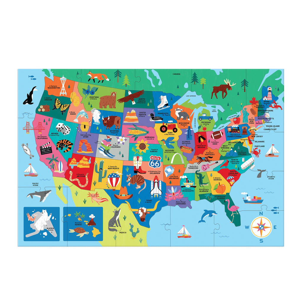 The Maria Mordvintseva-Keeler Map of the U.S.A. 50 Piece Giant Floor Puzzle features colorful illustrations of animals, landmarks, and symbols for each state, sparking curiosity and building problem-solving skills.