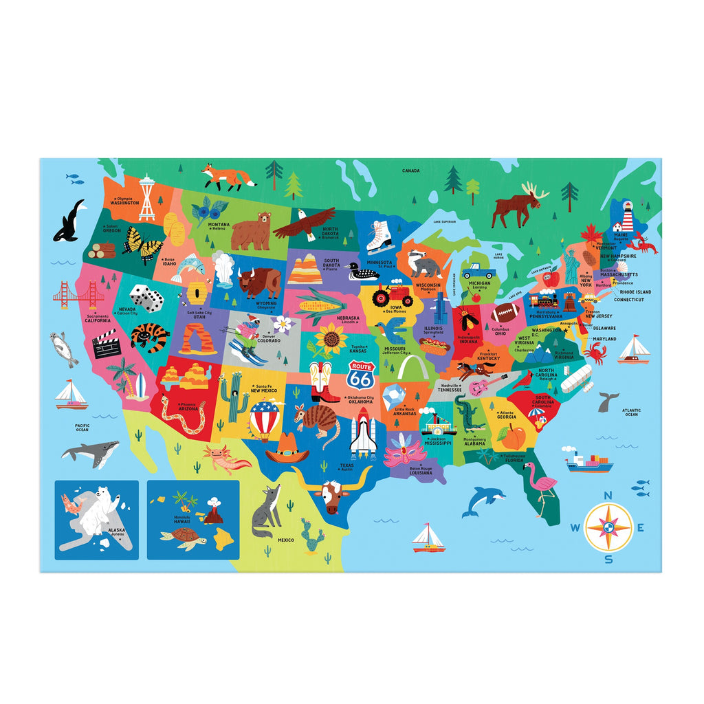 The Map of the U.S.A. 50 Piece Giant Floor Puzzle by Maria Mordvintseva-Keeler features each state’s name, fun icons of animals, foods, and landmarks, plus ocean borders with sea creatures and boats—encouraging problem-solving skills in kids.