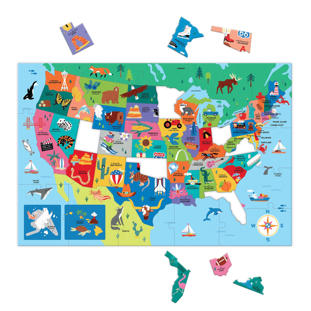 Maria Mordvintseva-Keeler’s Map of the U.S.A. 50 Piece Giant Floor Puzzle showcases vibrant state icons, with Alaska and Hawaii as separate pieces—perfect for building problem-solving skills through fun, oversized map play.