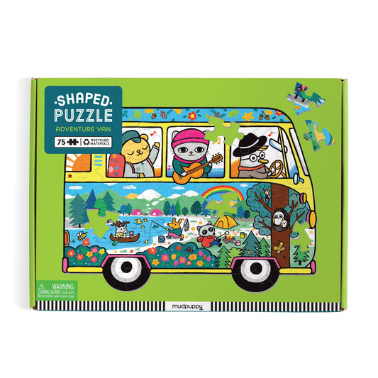 The Adventure Van 75 Piece Shaped Scene Puzzle by Belinda Chen features playful animals like a cat, dog, and bear in a van, with nature and camping scenes visible through the windows.