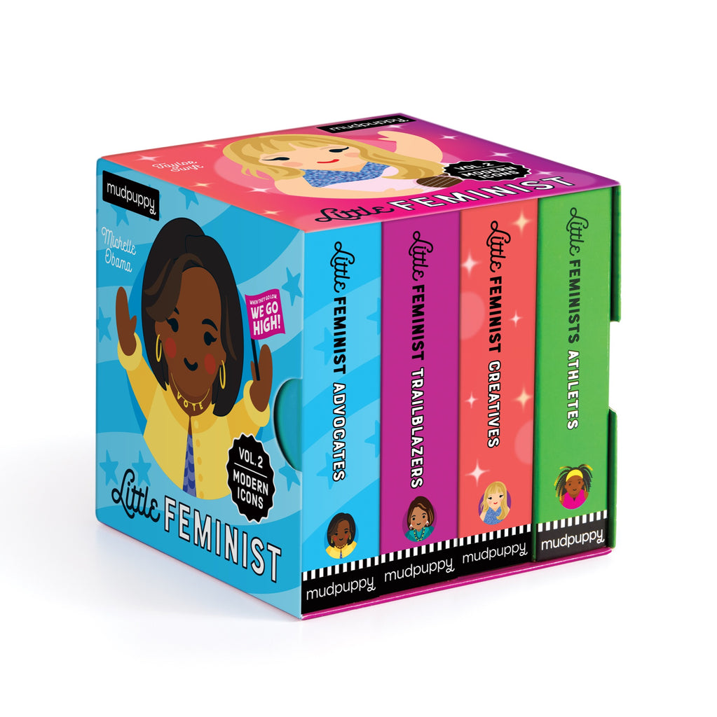 The Little Feminist Board Book Set Volume 2: Modern Icons by Mudpuppy features four colorful books with illustrated covers, celebrating modern women role models through cheerful, diverse cartoon characters.