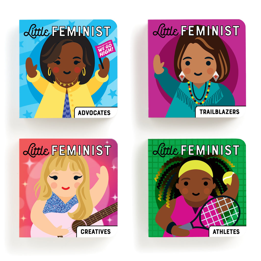 Four illustrated covers from Mudpuppys Little Feminist Board Book Set Volume 2: Modern Icons showcase remarkable women as advocates, trailblazers, creatives, and athletes with symbolic items on vibrant backgrounds.