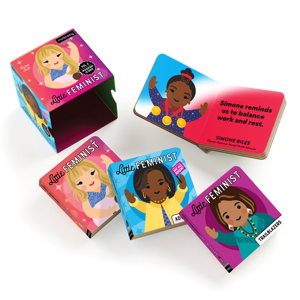 Mudpuppys Little Feminist Board Book Set Volume 2: Modern Icons features four vibrant board books, each depicting an inspiring illustrated woman, such as Simone Biles, to introduce children to powerful modern role models.