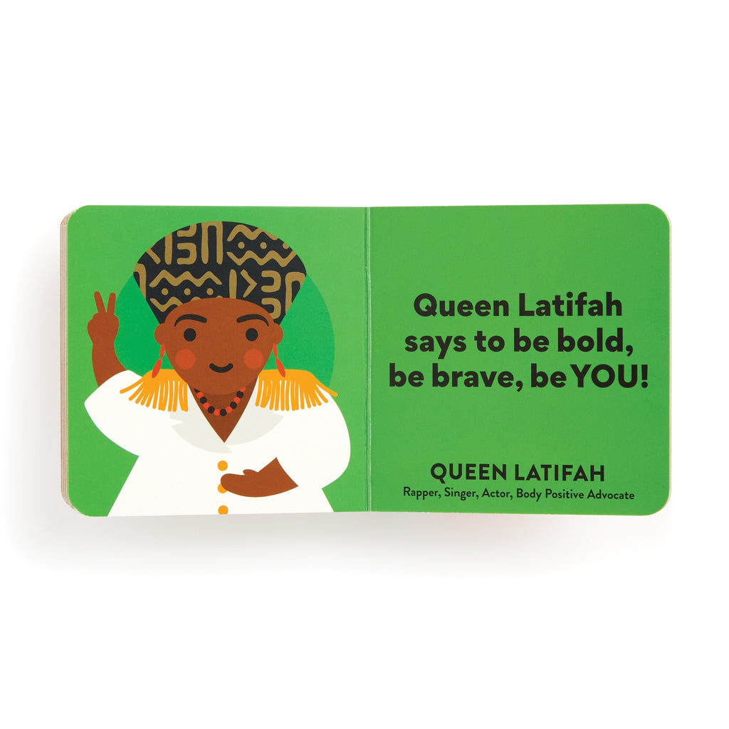 An illustration of Queen Latifah in a patterned headwrap and gold earrings holds up a peace sign. Text reads: Be bold, be brave, be YOU!—one of many inspiring women in Mudpuppys Little Feminist Board Book Set Volume 2: Modern Icons.
