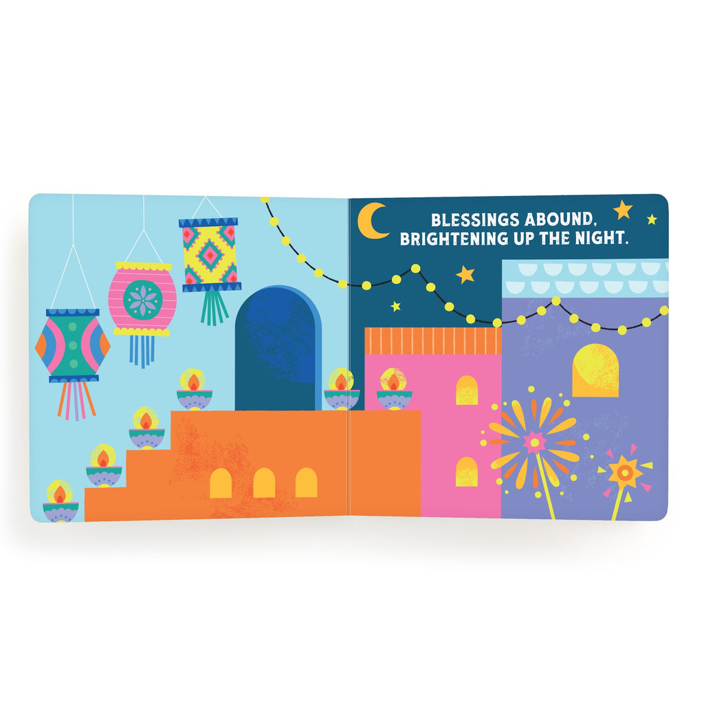 Vibrant Diwali scene from the Lets Celebrate Diwali Board Book by Nina Ghataora, featuring lanterns, hanging lights, oil lamps, and a starry night sky. Text: “Blessings abound. Brightening up the night.”.
