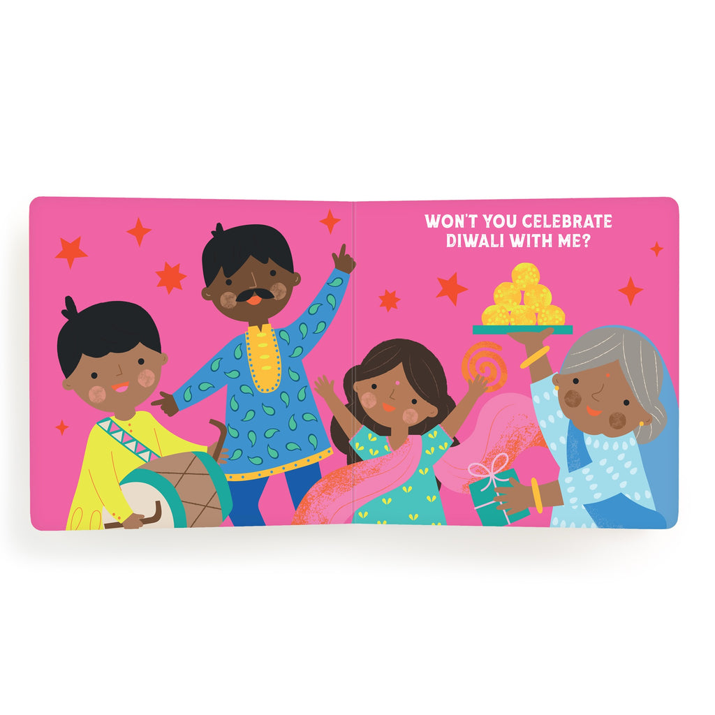 Four happy children in bright traditional attire celebrate Diwali—one plays a drum, one holds sweets, another waves a sparkler, and one holds a gift. Pink text says Wont you celebrate Diwali with me? From the Let’s Celebrate Diwali Board Book by Nina Ghataora.
