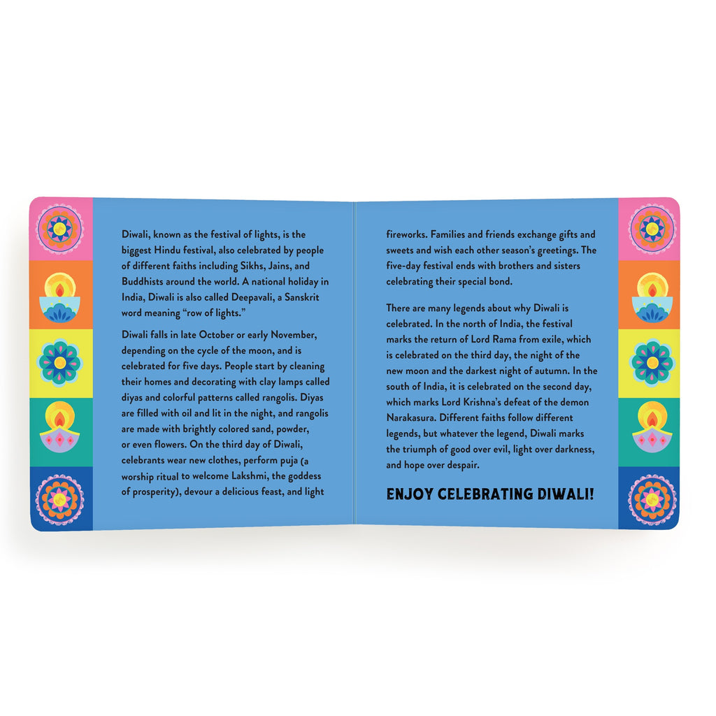 Let’s Celebrate Diwali Board Book by Nina Ghataora explores the Festival of Lights with vibrant illustrations and explains its significance, customs like lamps, sweets, prayers, and fireworks, plus the story of Lord Rama.