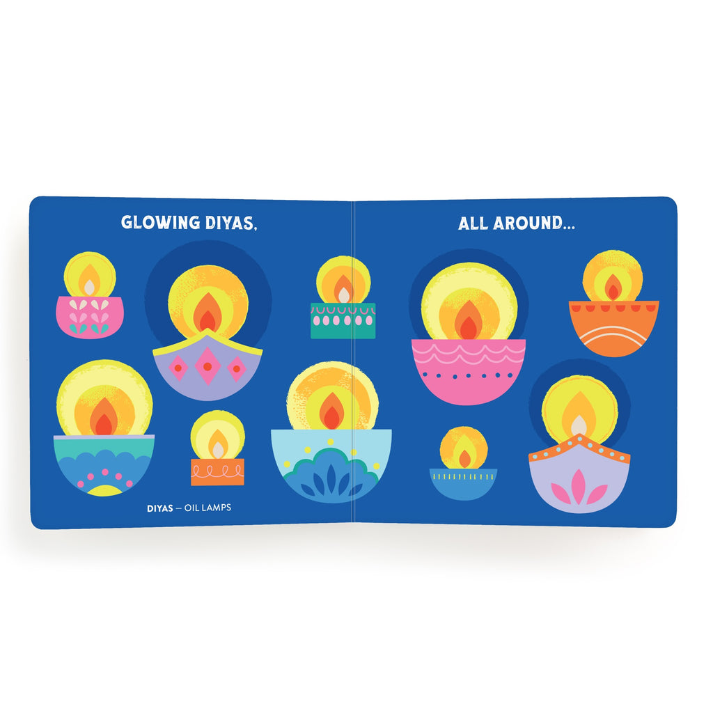 The Lets Celebrate Diwali Board Book by Nina Ghataora features a colorful board book spread of glowing diyas—oil lamps—in many designs on a blue background, celebrating Diwali with the text: “GLOWING DIYAS. ALL AROUND... DIYAS – OIL LAMPS.”.