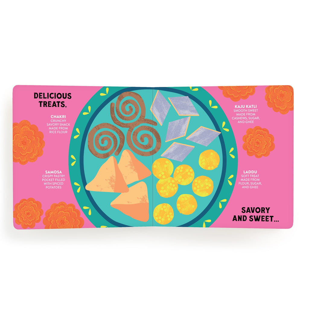The Lets Celebrate Diwali Board Book by Nina Ghataora features a vibrant plate with charki, kaju katli, samosa, and laddu on a pink background with orange flowers—an engaging way to introduce children to Diwali.