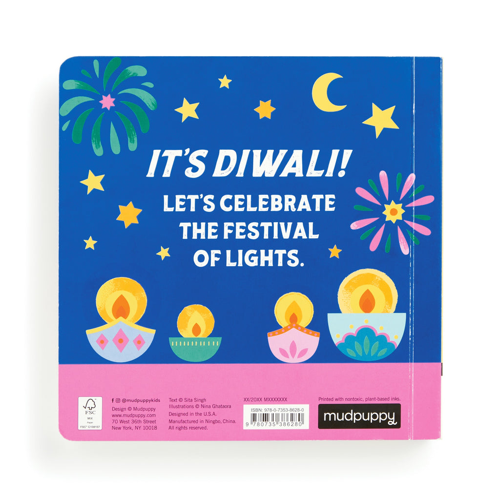 The Lets Celebrate Diwali Board Book by Nina Ghataora features a vibrant cover with fireworks, stars, a crescent moon, and three lit oil lamps on a blue background, plus the text Its Diwali! Lets celebrate the Festival of Lights.