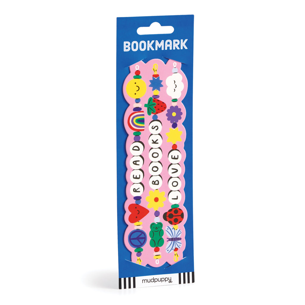 The Mudpuppy Friendship Bookmark features vibrant illustrations—flowers, fruit, a rainbow, and peace signs—and Read Books Love in bold. Packaged in blue with BOOKMARK at the top, it’s a cheerful gift for any bookworm.