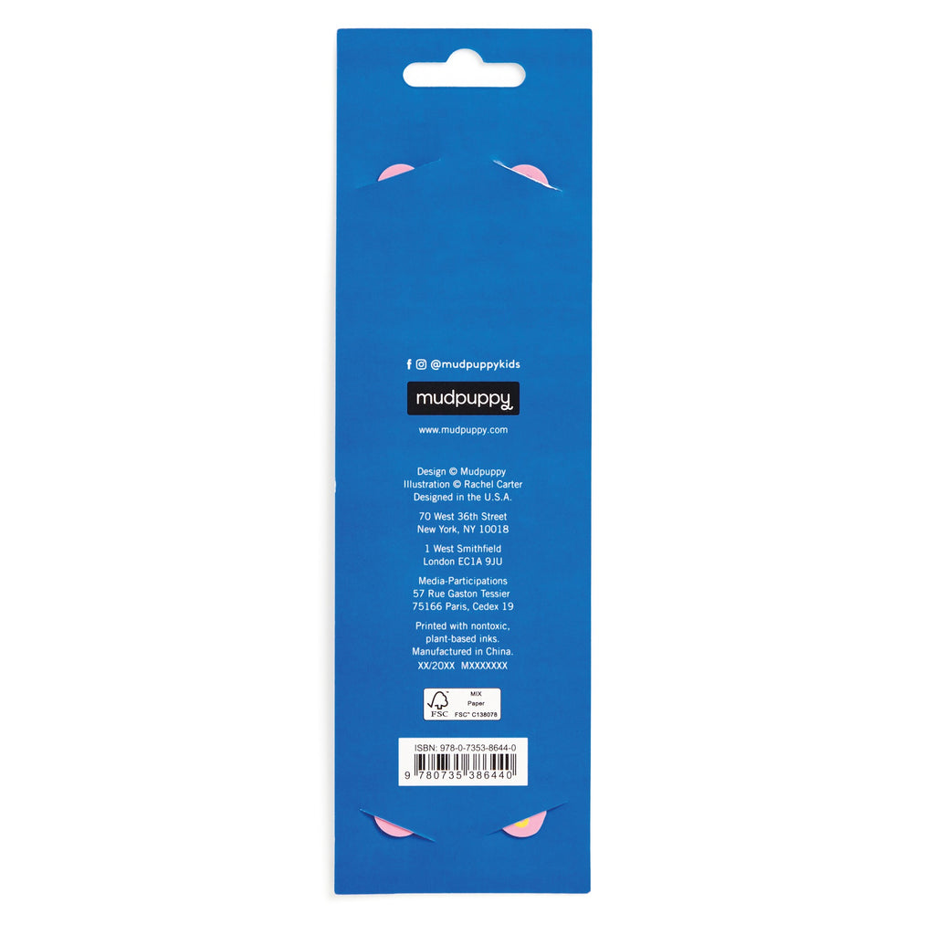 The back of the blue Mudpuppy Friendship Bookmark packaging displays white text, social media handles, and company details, with two pink ears and eyes peeking out. A barcode and recycling symbols are printed at the bottom.