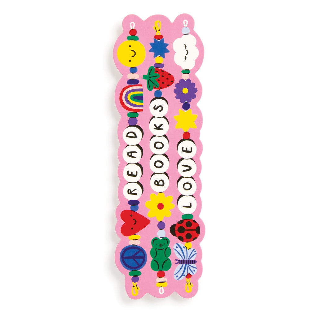 The Mudpuppy Friendship Bookmark features pink color, colorful beads, hearts, flowers, fruit, rainbows, and READ BOOKS LOVE spelled out in white circles—a handcrafted charm perfect for book lovers.