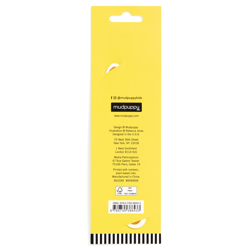 The back of a yellow Rebecca Jones Hot Dog Bookmark package features black text, a barcode at the bottom, small die-cuts showing an illustrated animal eye and nose, white dots in the background, and a striped border below—great for bookworms.