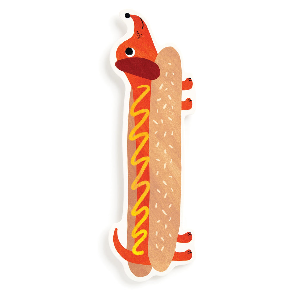 Rebecca Jones Hot Dog Bookmark features a whimsical hot dog with a dachshunds head and tail, yellow mustard on top, and a sesame seed bun—perfect for playful bookworms.
