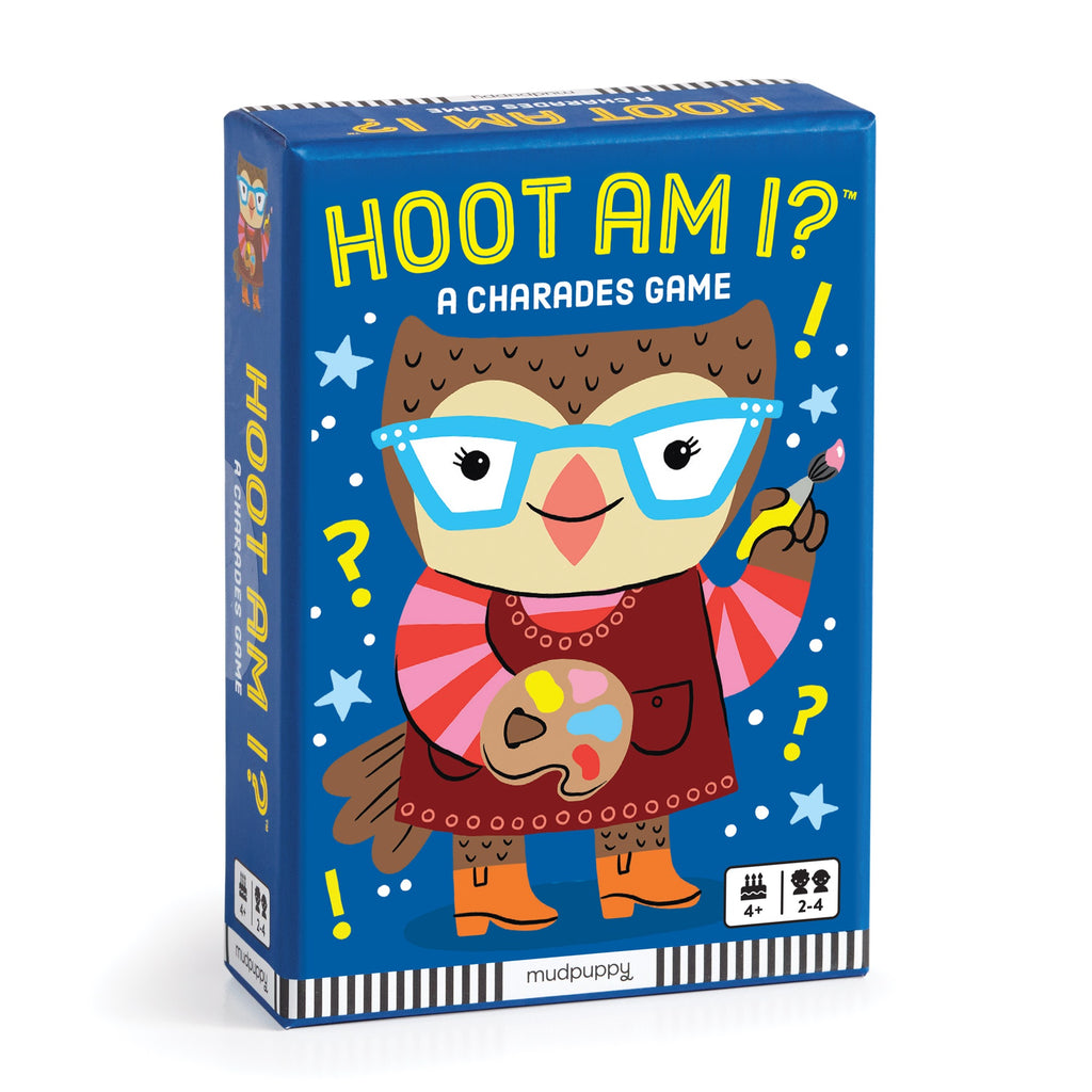 The “Hoot am I? Charades Card Game” by Emily Balsley features a vibrant box with an illustrated owl in glasses and a red dress, holding a paintbrush and palette, surrounded by question marks—perfect for family game night fun.