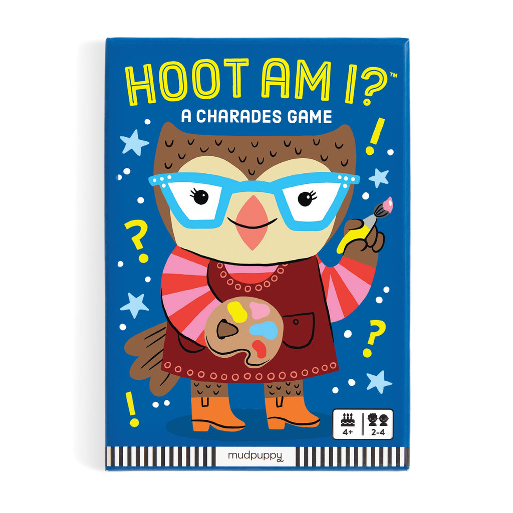 The Hoot am I? Charades Card Game by Emily Balsley comes in a colorful box featuring an illustrated owl with glasses and a red apron, perfect for family game nights filled with laughter and creative expressions.