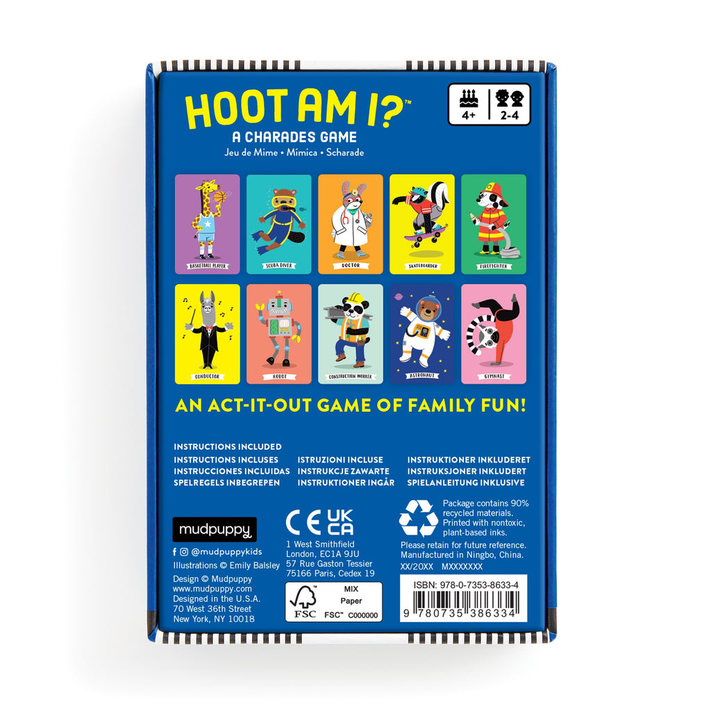 The back of the Emily Balsley Hoot am I? Charades Card Game box features vibrant illustrated character cards, game info for ages 4+ and 2–4 players, plus multilingual instructions—ideal for fun family nights.