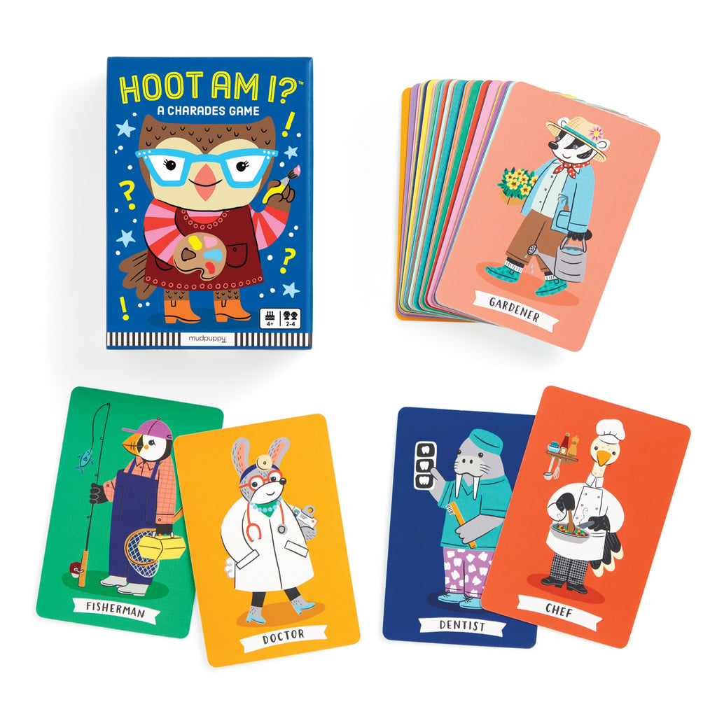 The Emily Balsley Hoot am I? Charades Card Game features animal character cards with funny expressions—gardener, fisherman, doctor, dentist, and chef—perfect for family game nights. Displayed on a white surface.