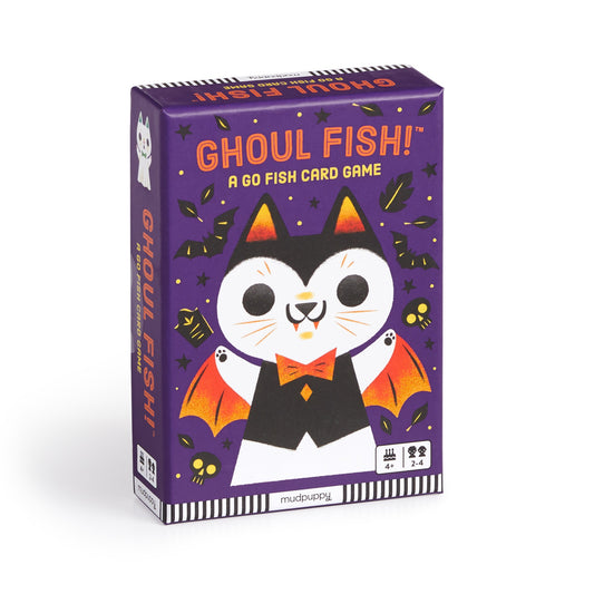 The Ghoul Fish! Card Game by Caley Hicks comes in a purple box with a cat in a bat costume, perfect for Halloween baskets. For ages 4+, 2-4 players.